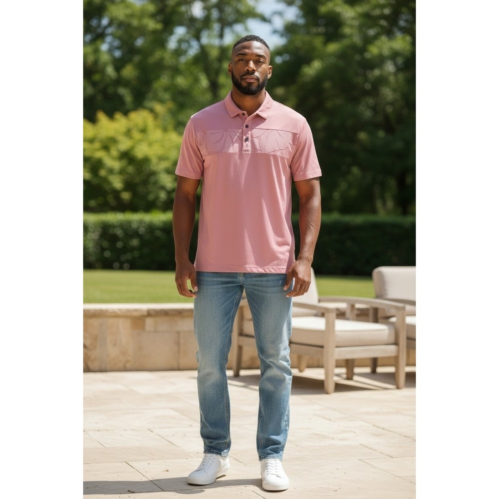 Nicklaus Mens Eco Choice Golf Polo Shirt Pink Tropical Leaf Print Size M